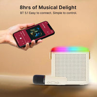 Mini Bluetooth Speaker, Wireless Karaoke Mic, 8Hrs Playtime, Vivid RGB Lights, Voice Effects, Multi-Play Modes BT5.1/TF Card & Type-C Charging (White)